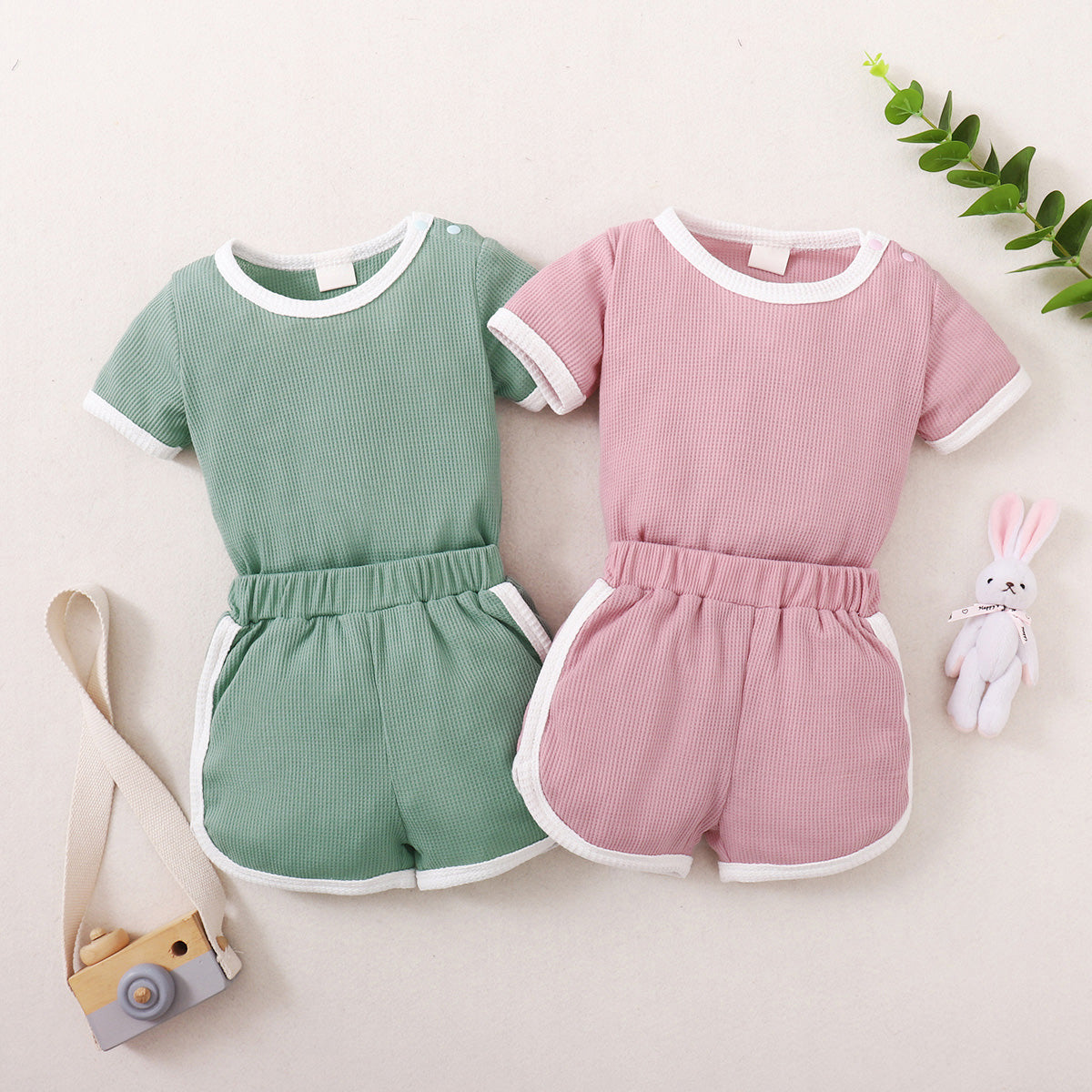 Mayoreo Conjunto de dos piezas de camiseta informal sólida para bebé niño Verde 3-6 M