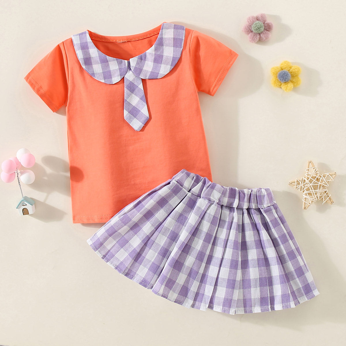 Mayoreo Camiseta con decoración de pajarita y solapa a cuadros para niña pequeña de 2 piezas y falda plisada a cuadros naranja 2-3 Y
