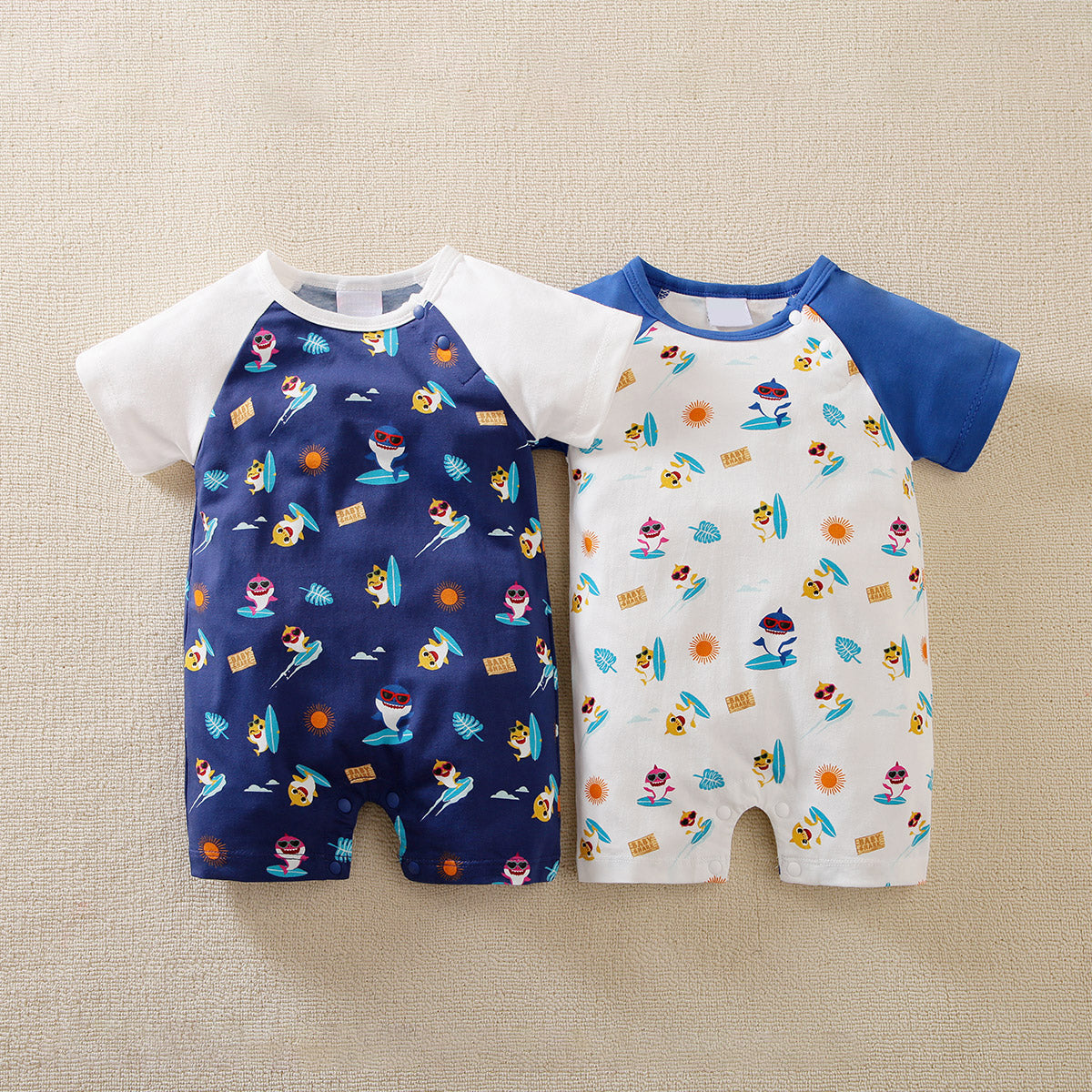 Mayoreo BabyShark Mono de algodón de manga corta con estampado de dibujos animados para bebé niño Blanco 6-9 M