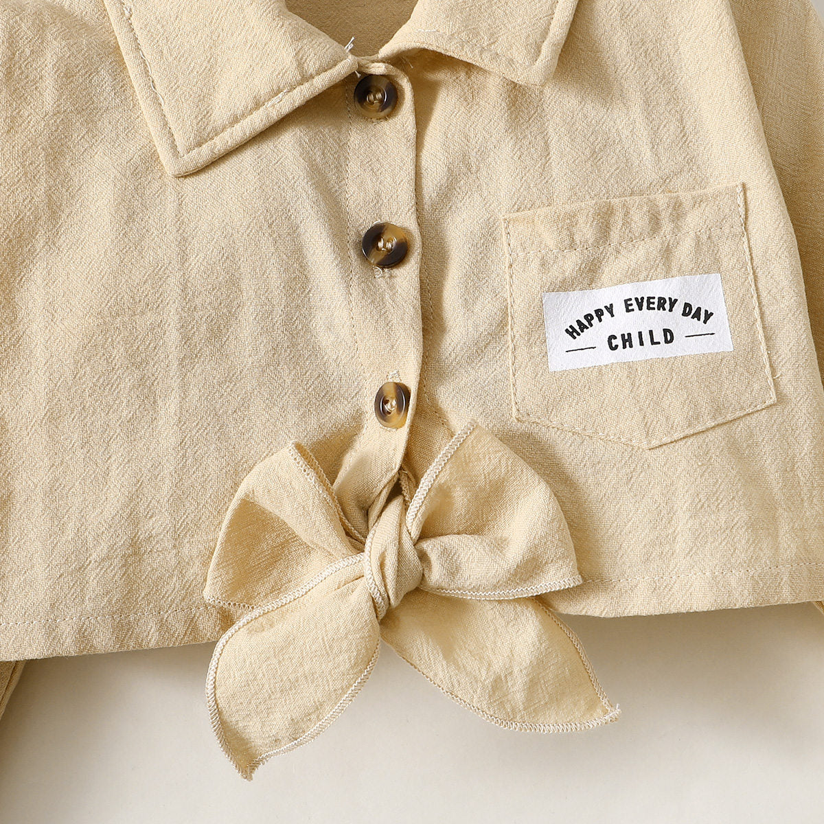 Mayoreo Camisa decorativa con lazo de color sólido para niña pequeña de 2 piezas y falda sin mangas a cuadros sin mangas Unbrella Caqui 5-6 Y