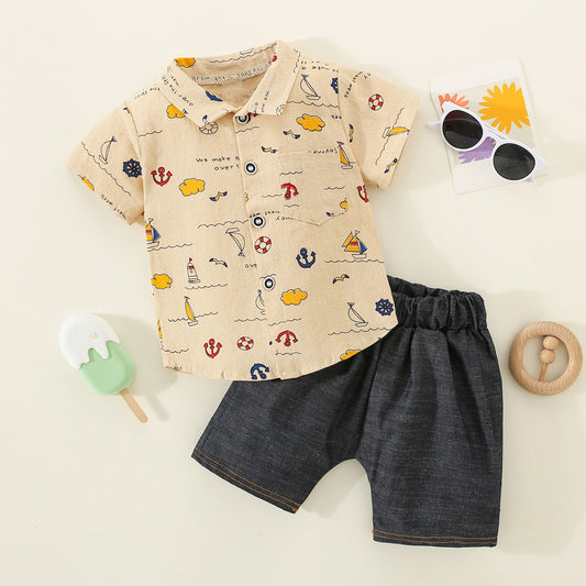 Mayoreo Camisa de manga corta con estampado completo para niño pequeño de 2 piezas y pantalones de color sólido Verde 9-12 M