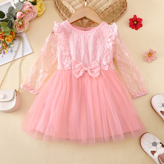 Mayoreo Vestido de manga larga con decoración de lazo de malla de encaje para niños pequeños Rosado 18-24 M