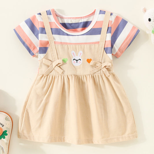 Mayoreo Vestido de manga corta con patrón de corazón y conejo de patchwork a rayas de algodón puro para niña pequeña Amarillo 9-12 M