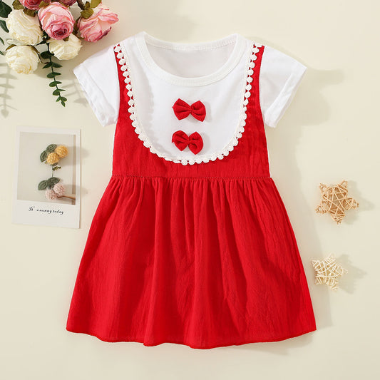 Mayoreo Vestido de manga corta con decoración de lazo y patchwork de bloque de color para niña pequeña rojo 12-18 M